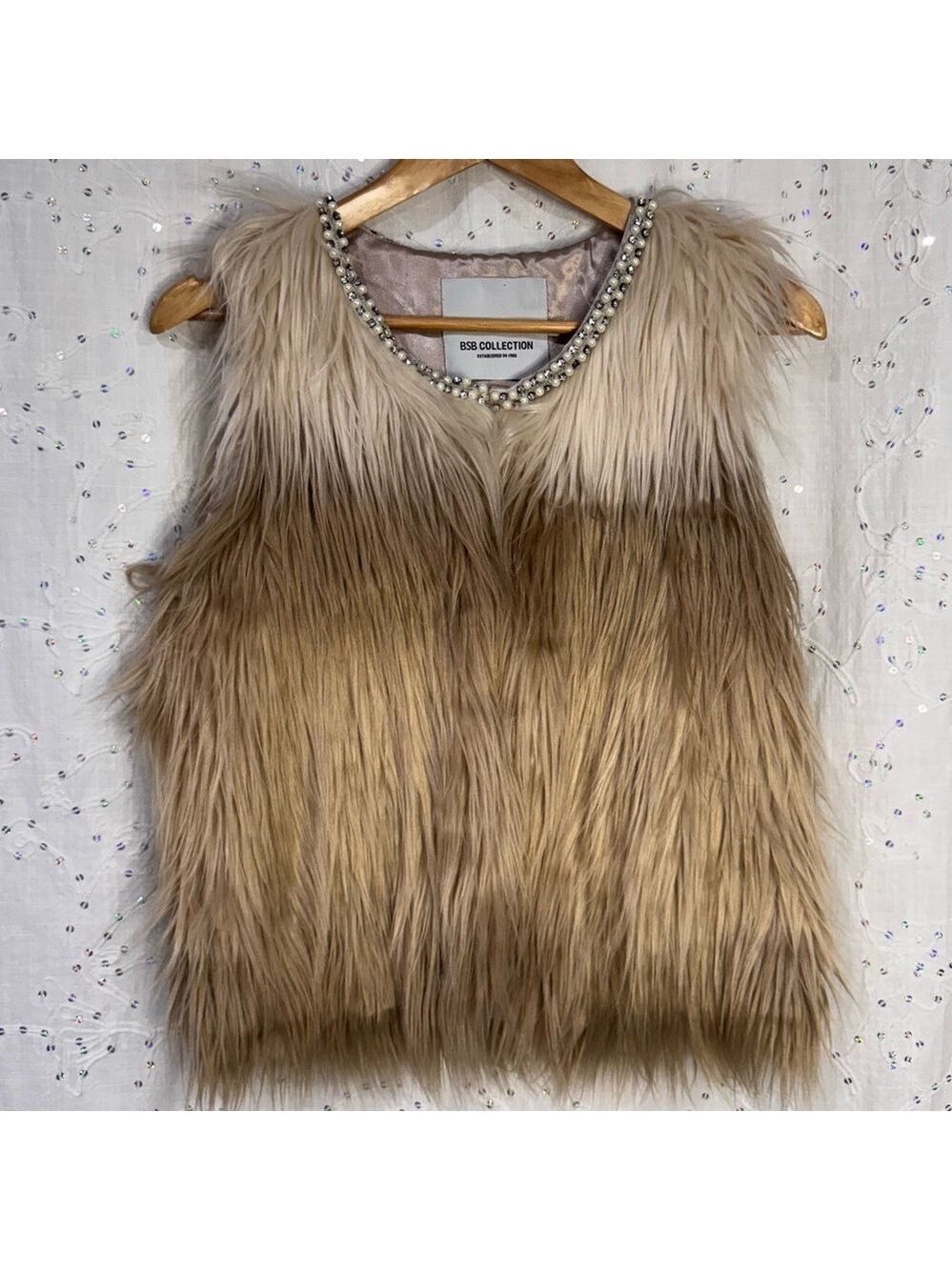 BSB Collection Faux Fur Vest with Pearl & Rhinestone Embellishments Size 42 (S)